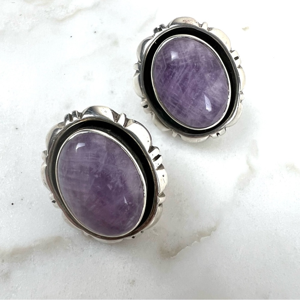 Amethyst and sterling silver oval button earrings